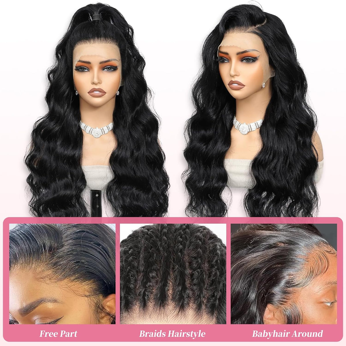 Damespruik van echt haar – Zwarte pruik – Echthaarpruik – Kanten front pruik – Body wave pruik – Lijmloos – 180% dichtheid