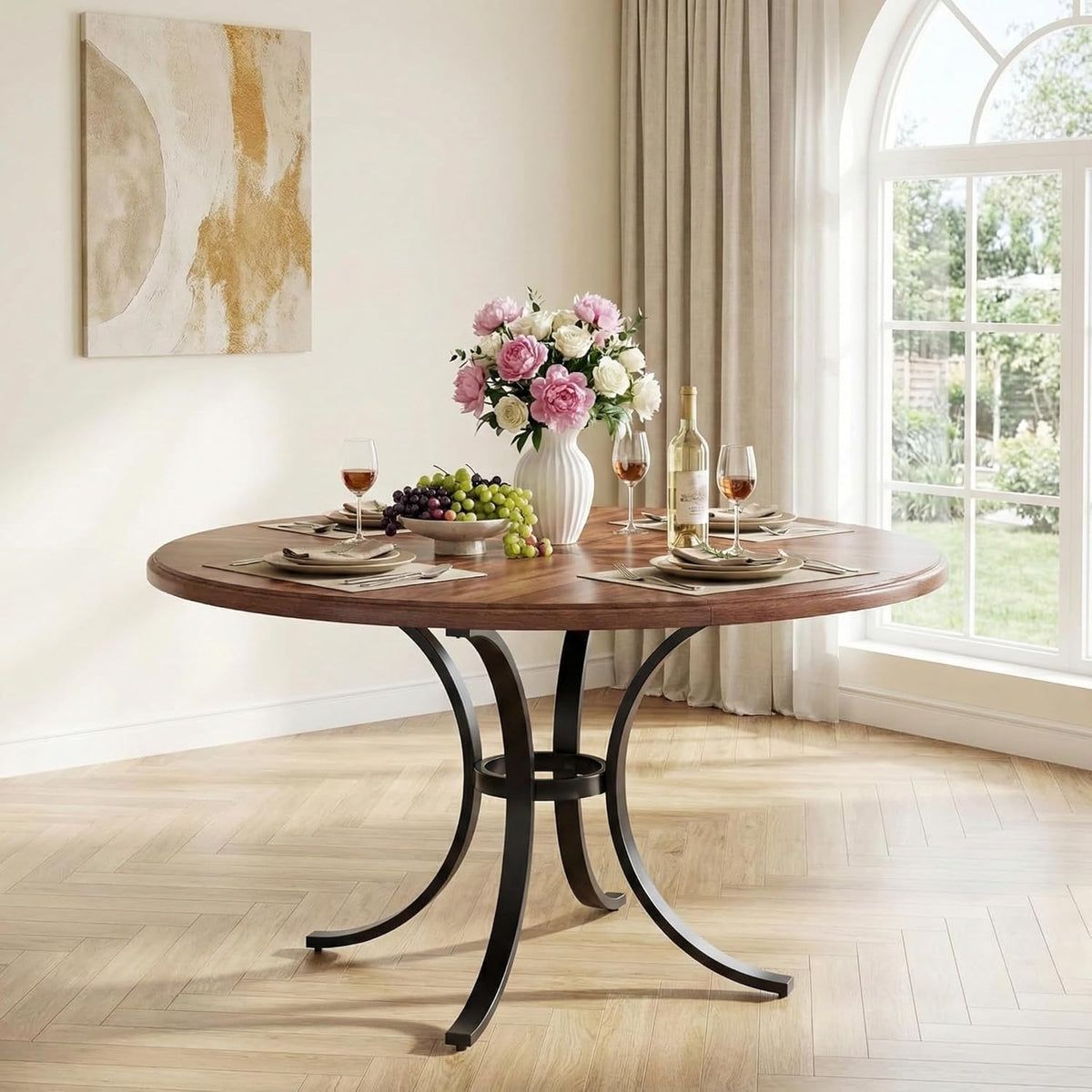 Ronde Eettafel – Ronde Tafel – Eettafel Rond – Keukentafel Rond – Tafel 120 cm – Voor 4-6 Personen – Stijlvol Houtfineer – Stevig Stalen Onderstel - QUORE