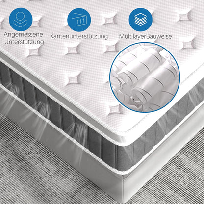 Matras 160 x 200cm, 26cm Pocketveringmatras H3 7-Zones Orthopedische Pocketveringmatras met Comfort Memory Foam Laag, Öko-Tex Gecertificeerd, 101 Nachten Proefslapen