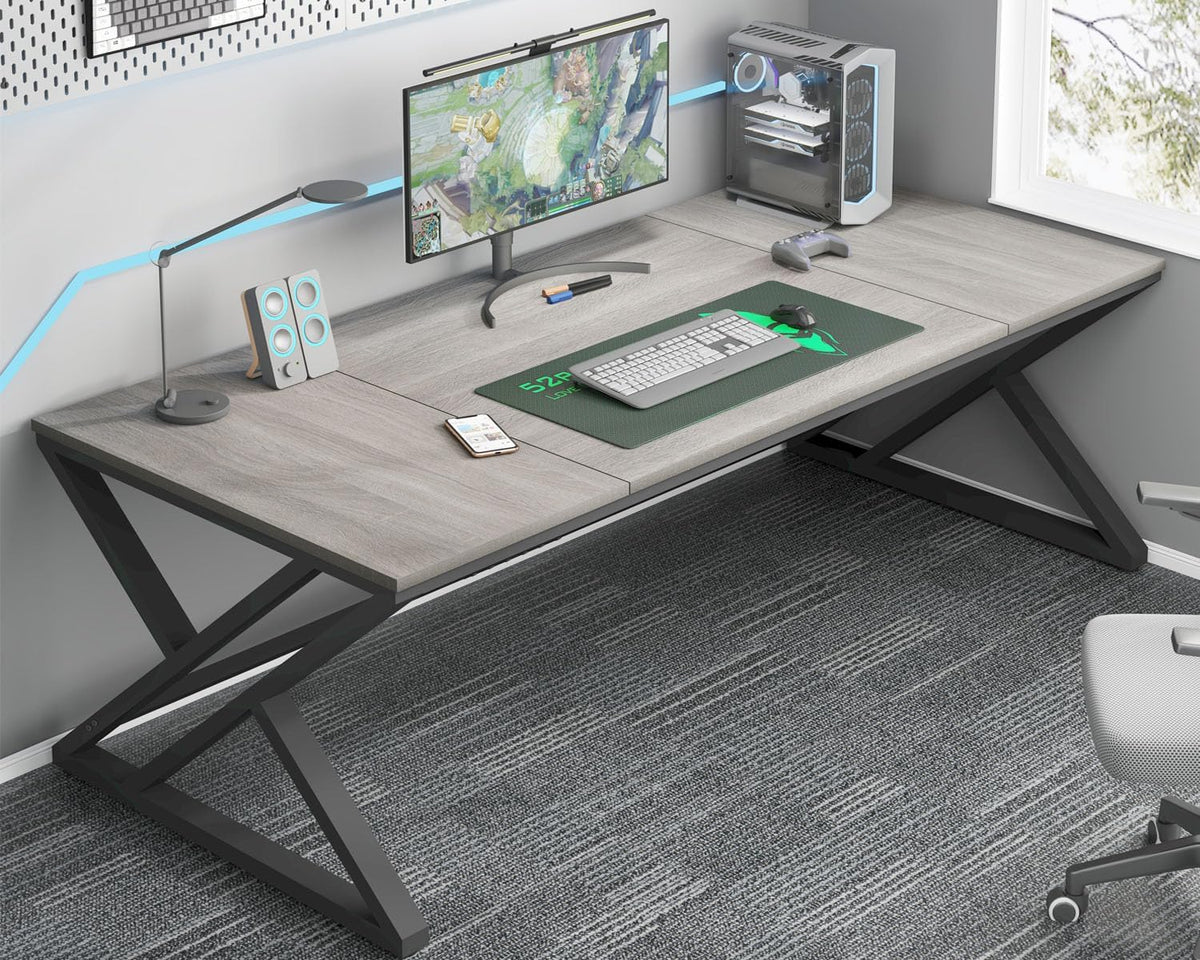 HSH Computerbureau, groot modern werkstation thuiskantoor, lange industriële studie gaming werk schrijfbureau voor 2 personen, boerderij dubbel houten executive pc tafel met opslag in slaapkamer zwart