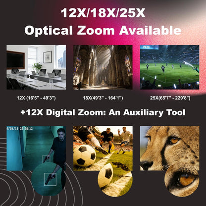 Zowietek 4K PTZ-camera (native NDI|HX3), Ergo-Ease afstandsbediening, ZowieX App, 25x optisch + 12x digitaal, SDI/HDMI/USB, RTSP/RTMP/SRT. Perfect voor vergaderingen, kerk, evenementen, onderwijs.