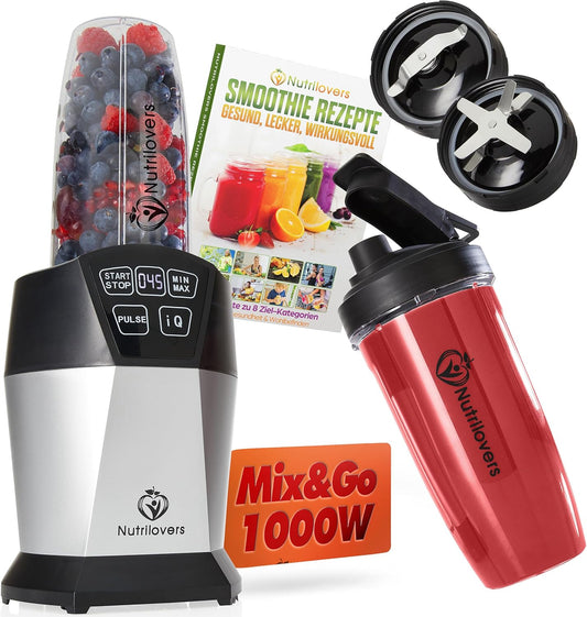 Nutri-Blender Smoothiemaker "Mix & Go" 1000 Watt Mini Mixer met Auto-IQ, BPA-vrij, Incl. Receptenboek, 2x Mok en To Go Deksel