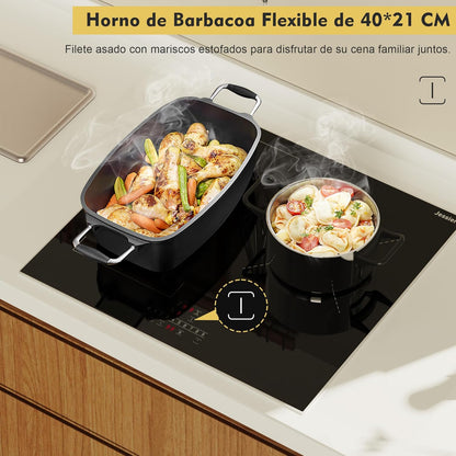 Inductie Kookplaat 3 platen 6800W, Jessier Ingebouwde elektrische kookplaat met flexibele zone voor BBQ, 9 Power Levels instelling, Pauzefunctie, Timer, Kinderslot, Boost functie, Zwart