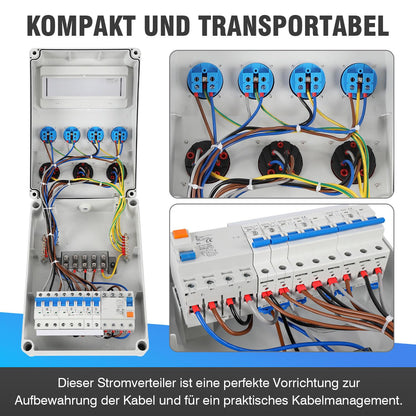 Wandverdeler met stroomonderbreker en FI,5-polige bouwstroomverdeler met 4 x Schuko-stopcontact en CEE-stopcontact, 16/32 A stroomverdeler voor binnen en buiten