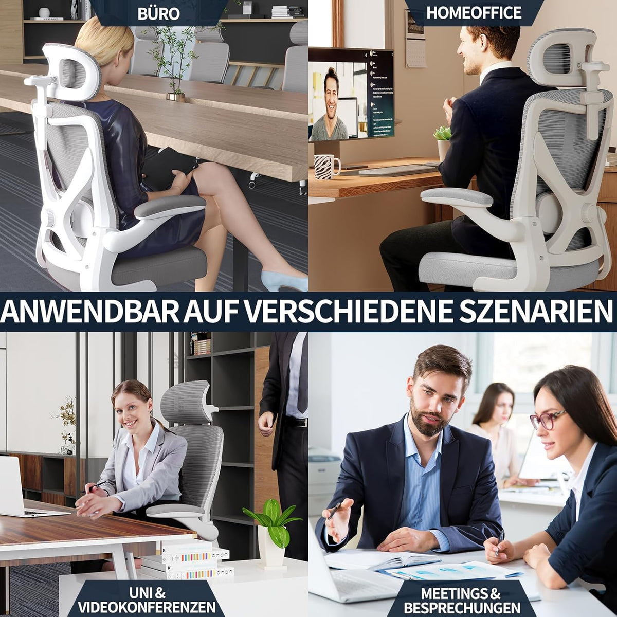 Bureaustoel – Ergonomische Bureaustoel – Gamestoel – Computerstoel – Office Chair – Verstelbare Lendensteun – 3D Hoofdsteun – Max. 150 kg – Grijs Mesh