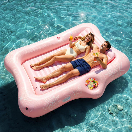 HeySplash Opblaasbare zwembadzeil, grote opblaasbare drijvende boot voor volwassenen met bekerhouder en afneembaar kussen, zonnebad, rivier-, zomer-, waterfeest, roze blad
