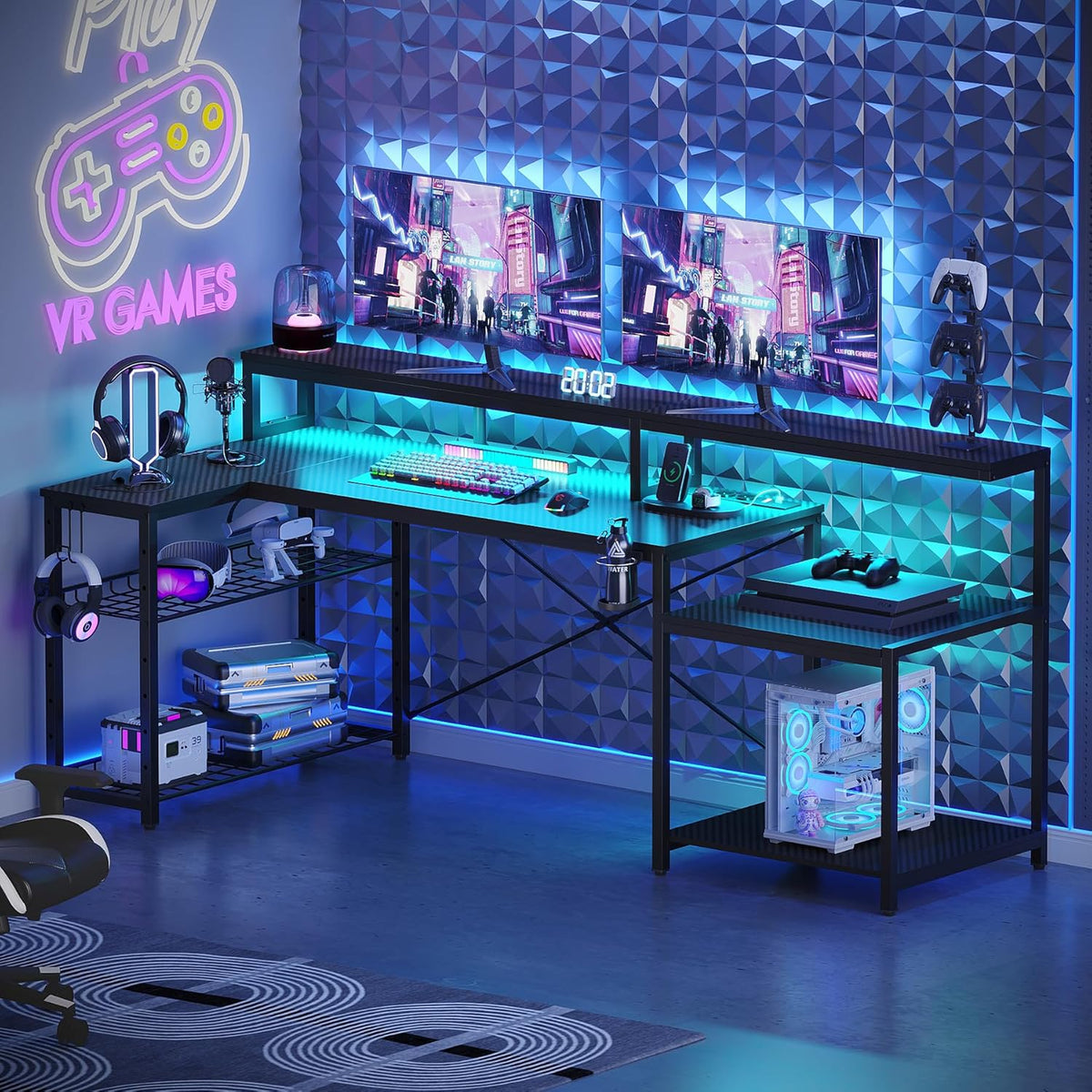 Bestier Gamingtafel, 181 cm, gamingbureau met ledverlichting, pc-tafel, gaming met 3 AC-stopcontacten en 2 USB-oplaadaansluitingen, computertafel met royale monitorplank