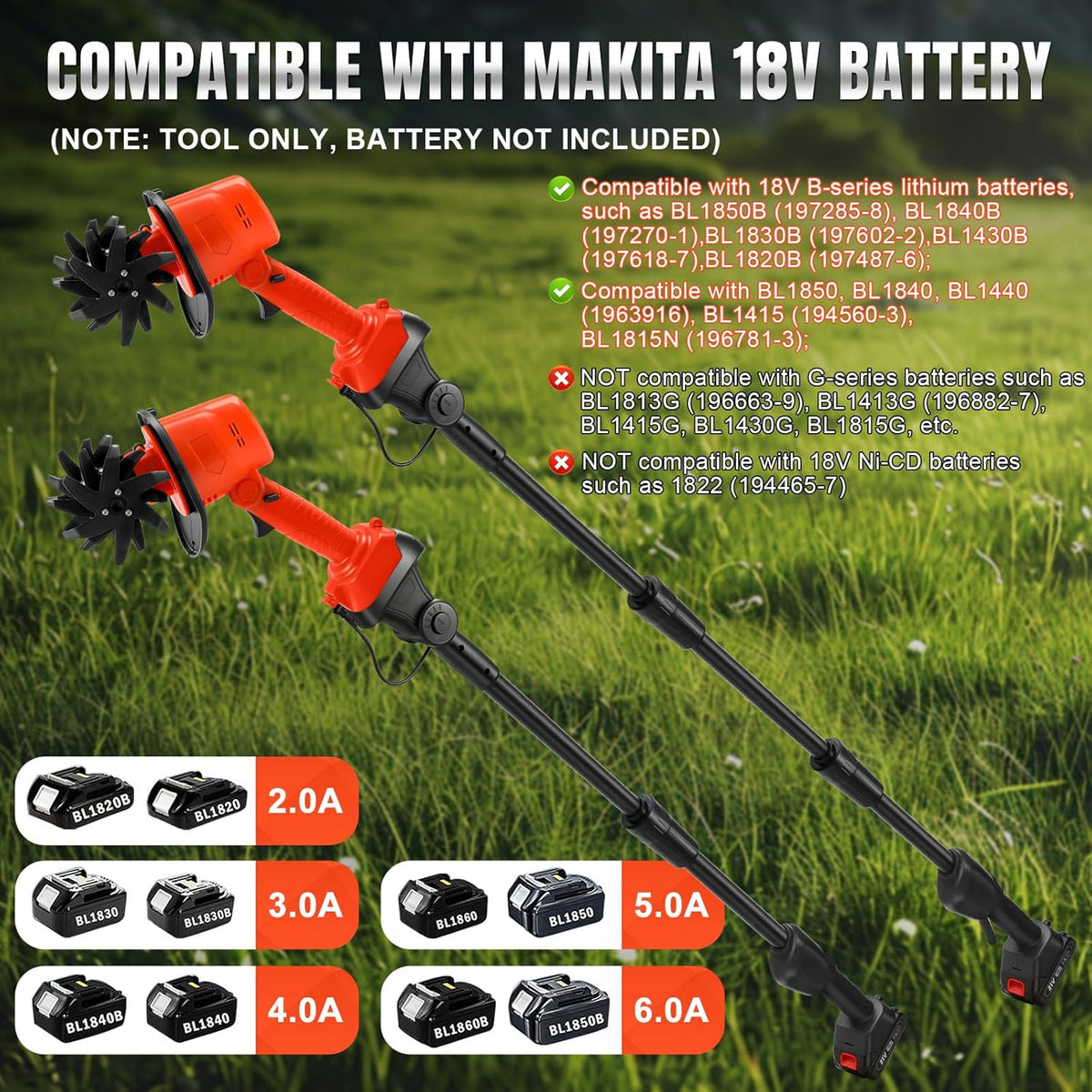 Draadloze handfrees compatibel met Makita 18 V accu (zonder batterij), 550 W tuinfrees met 10 cm freesdiepte en 10 cm freesbreedte, akkerfrees (met 1,3 m verlenging)