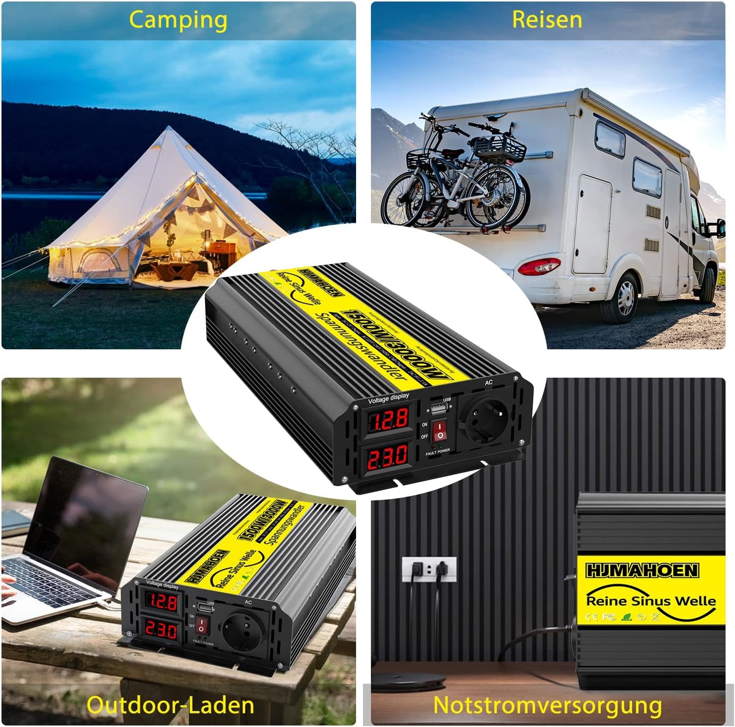 Pure Sine Wave omvormer, 1500 W/3000 W, 12 V naar 230 V, Pure Sine Wave spanningsomvormer voor camper, vrachtwagen, met ingebouwde 5 V/2,1 A USB-laadpoorten, auto-omvormer, 12 V