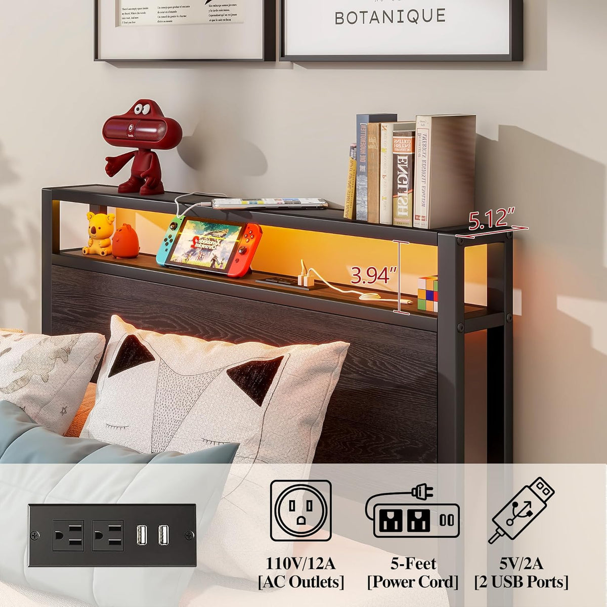 Bed van metaal en hout, 90 x 200 cm, met lattenbodem, USB-oplaadfunctie type C, hoofdeinde met opbergruimte, voor gasten of jongeren, zwart