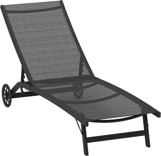 Outsunny Sonnenliege mit Rolle, Gartenliege Alu Liegestuhl mit 5-Fach verstellbare Rückenlehne, wetterfeste Campingliege, Gartenstuhl bis 150 kg load bar, für Garten Urlaub Strand Pool, Schwarz - QUORE