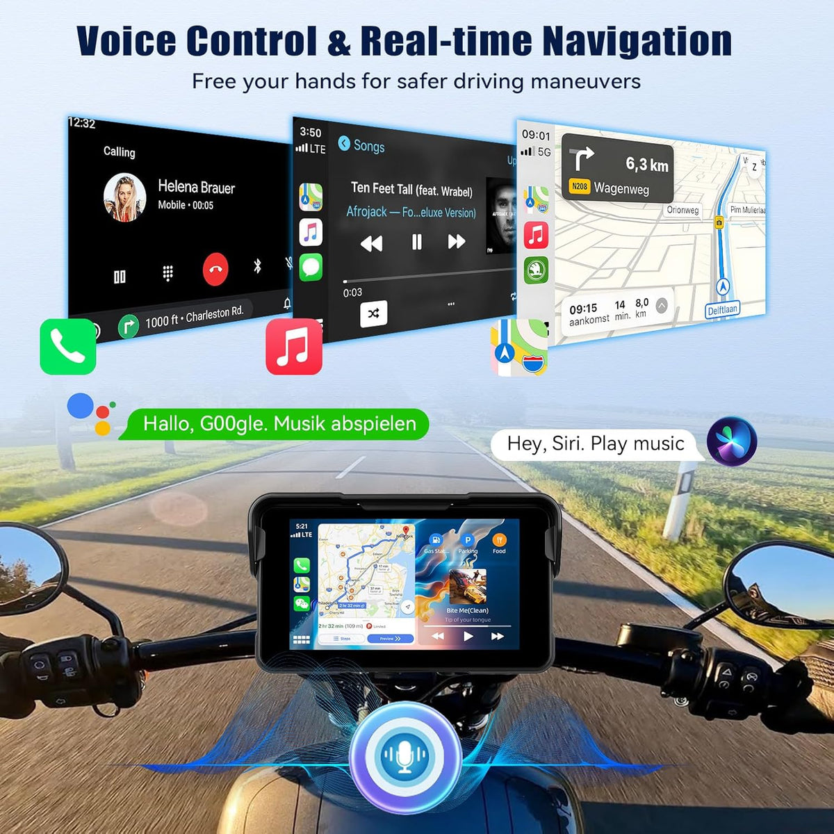 Draagbaar CarPlay GPS-scherm voor motorfietsen met draadloze CarPlay Android Auto, 5 inch navigatie voor motorfietsen, waterdicht IP68 met Bluetooth Siri TF-poort + bandenspanningsdetectie