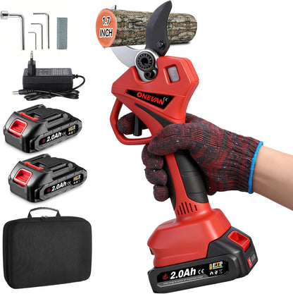 ONEVAN Accu-takkenschaar, 45 mm snijdiameter, 800 W snoeischaar, elektrische snoeischaar met 2 accu's van 2,0 Ah, lcd-display, elektrische snoeischaar