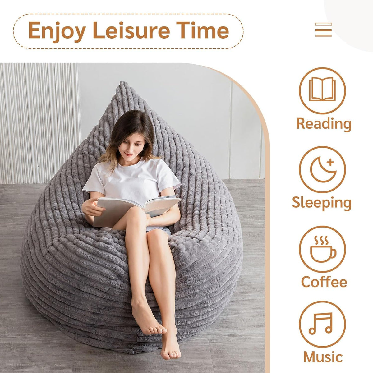 MAXYOYO Huge Bean Bag Bed, Square Bean Bag Chair, Large Sofa with Faux Fur Cover and Fluffy Filling for Adults Couples Guests (Corduroy Grey, 135x190cm)