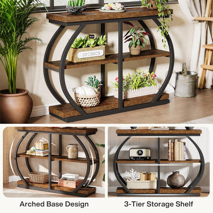 Tribesigns Consoletafel, 104 cm, industriële entreetafel met 3 verdiepingen met gebogen metalen frame en opbergplanken voor woonkamer, hal, rustieke koffie