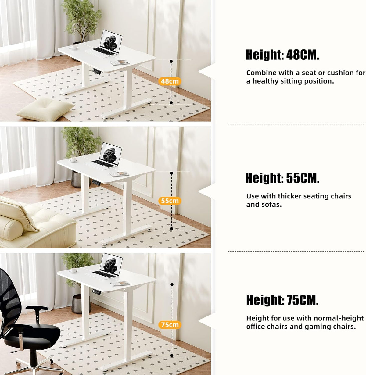 ERGOMAKER Elektrisch sta-bureau 80x60 cm, lage hoogte 48-75 cm, in hoogte verstelbaar bureau met wieltjes en haken, zit-sta-tafel met geheugenfunctie voor thuiswerken, Wit