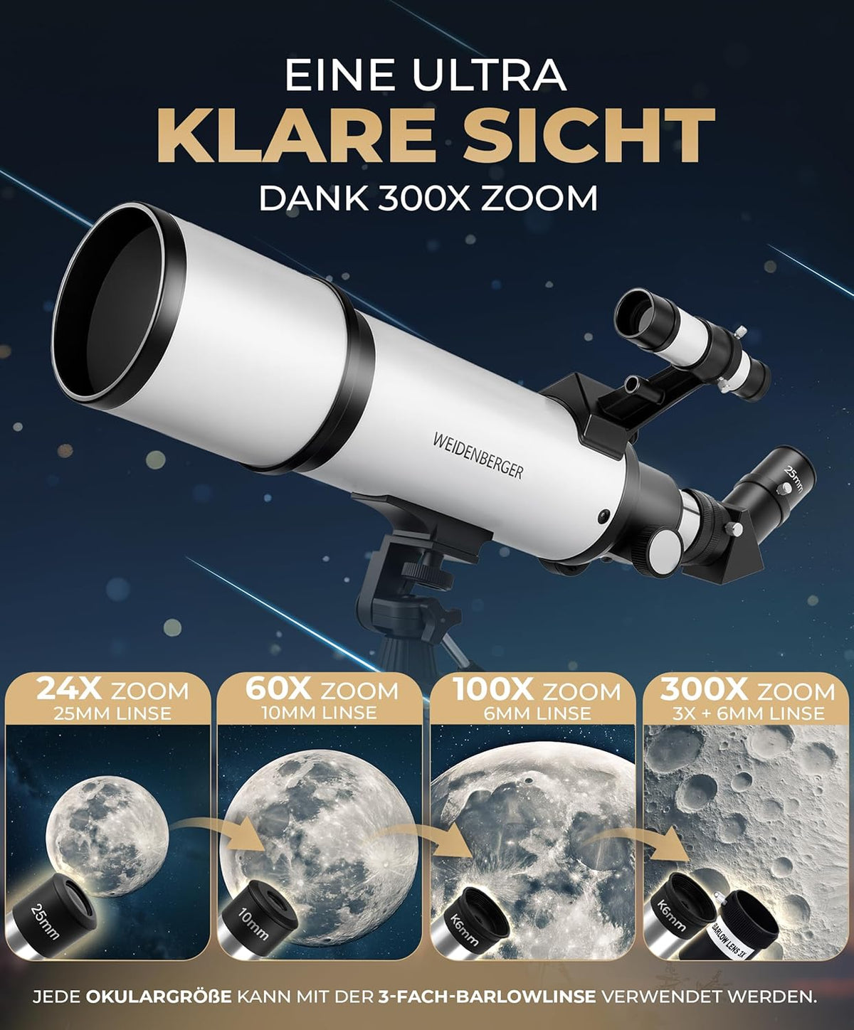 Telescoop 60800 – refractorverrekijker, 60 mm opening, 800 mm brandpuntsafstand, 3 oculairs + 3 x barlow lens, zoekerverrekijker, statief en adapter voor mobiele telefoons – voor