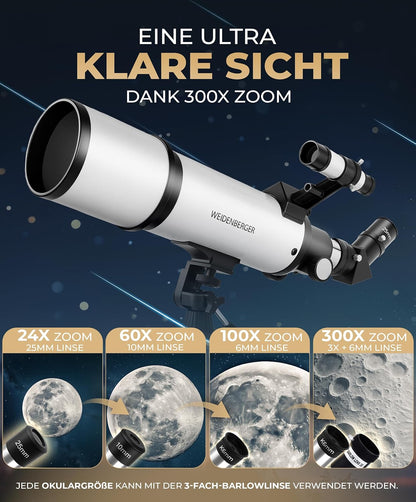 Telescoop 60800 – refractorverrekijker, 60 mm opening, 800 mm brandpuntsafstand, 3 oculairs + 3 x barlow lens, zoekerverrekijker, statief en adapter voor mobiele telefoons – voor