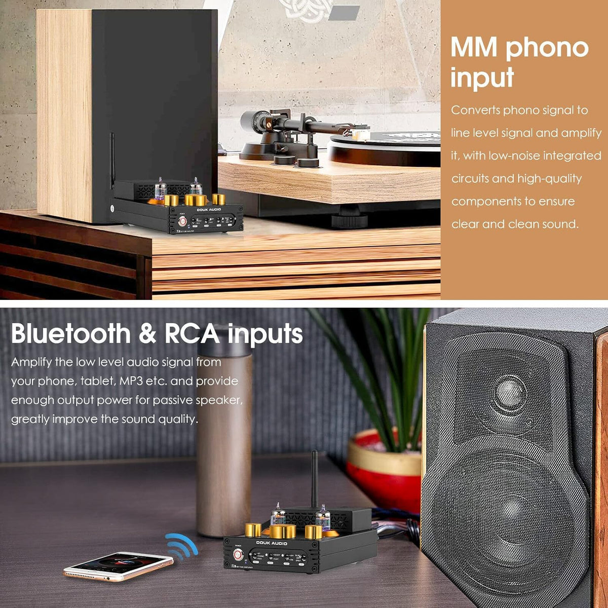 Douk Audio X1 buisversterker, HiFi Bluetooth 5.0 versterker, GE5654 klep stereo audioversterker, MM phonoversterker, 160Wx2 TDA7498E chip, treble & bas bedieningsknopf