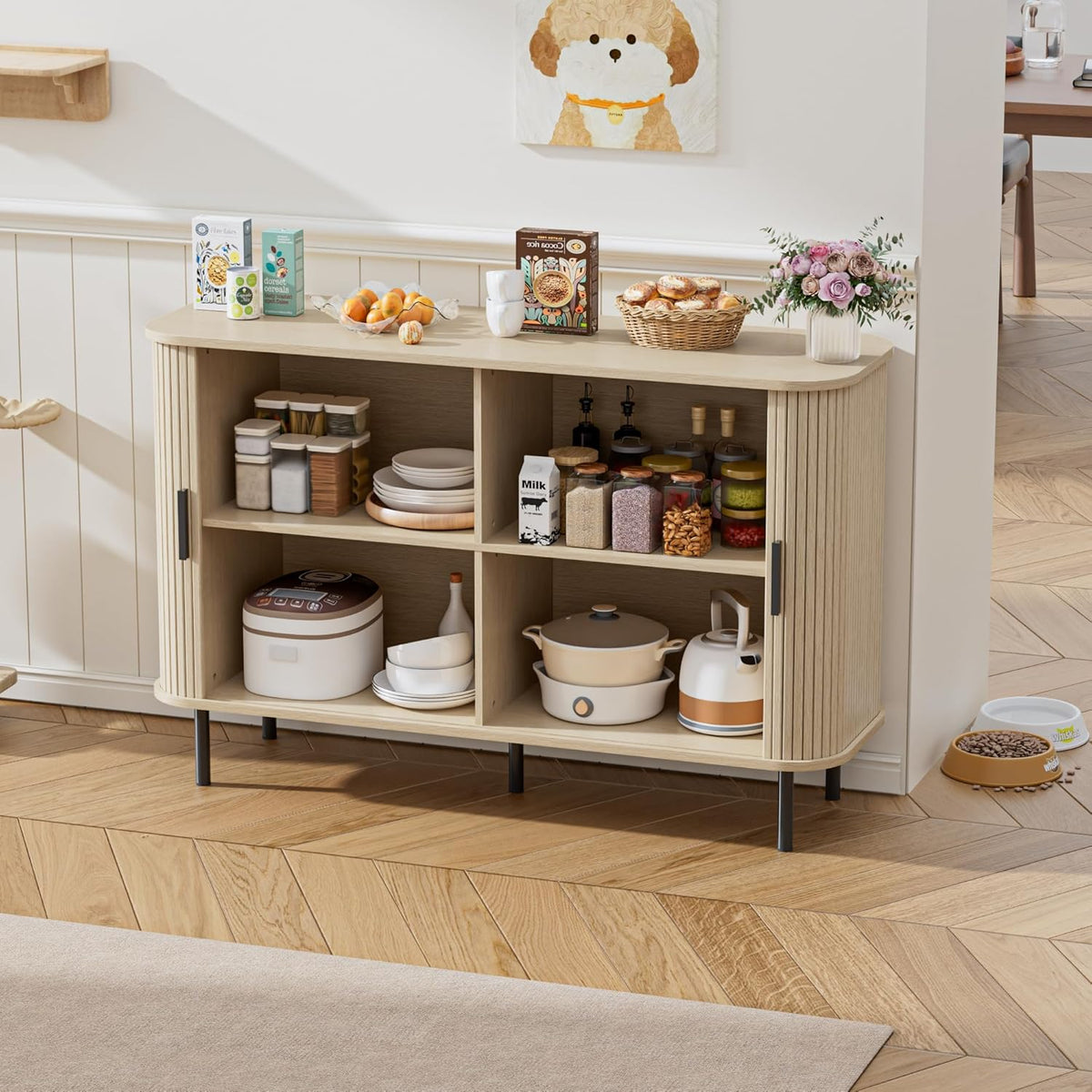Sideboard, keukenkast met 2 schuifdeuren, verstelbare planken, opbergkast, koffiebar kast, dressoir voor keuken, eetkamer, woonkamer, 120 x 40 x 77 cm, houtkleurig