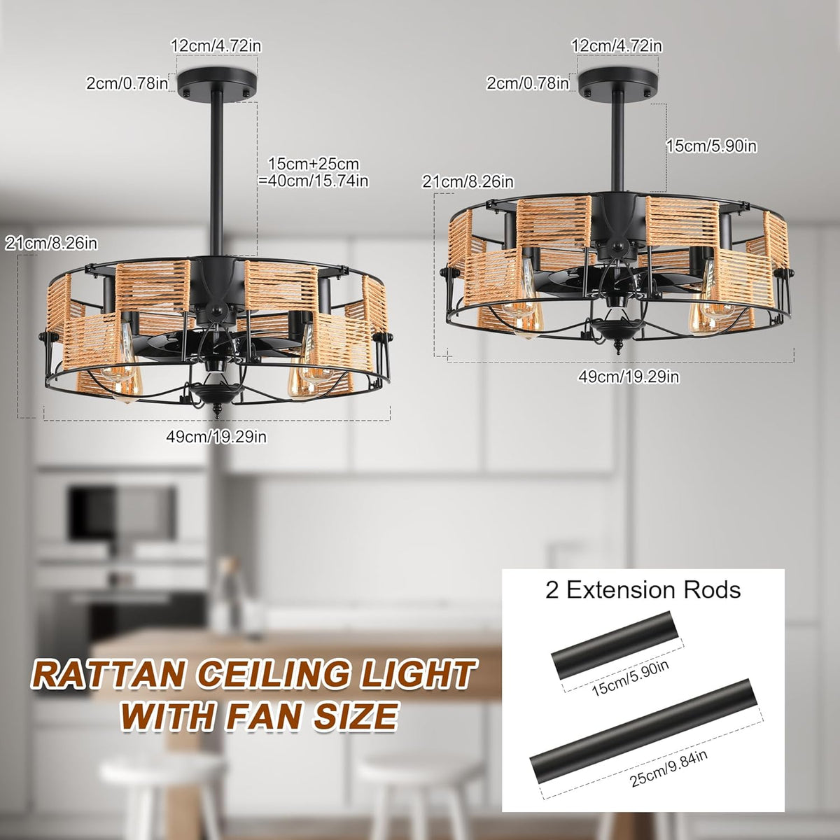 Ganeed Plafondventilatoren met Verlichting Industriële Stijl Boerderij 49cm Kroonluchters Boho Rotan Kooilamp Hangende Hanger E27 met Afstandsbediening Zwart 4 Lichten