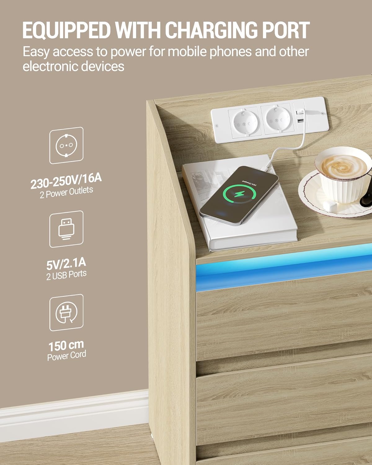 Hzuaneri Bedside Table Set of 2 with 3 Drawers, Side Table with Charging Base and LED, 2 AC Sockets and 2 USB Ports for Bedroom, Living Room, Oak Colors NS40116X