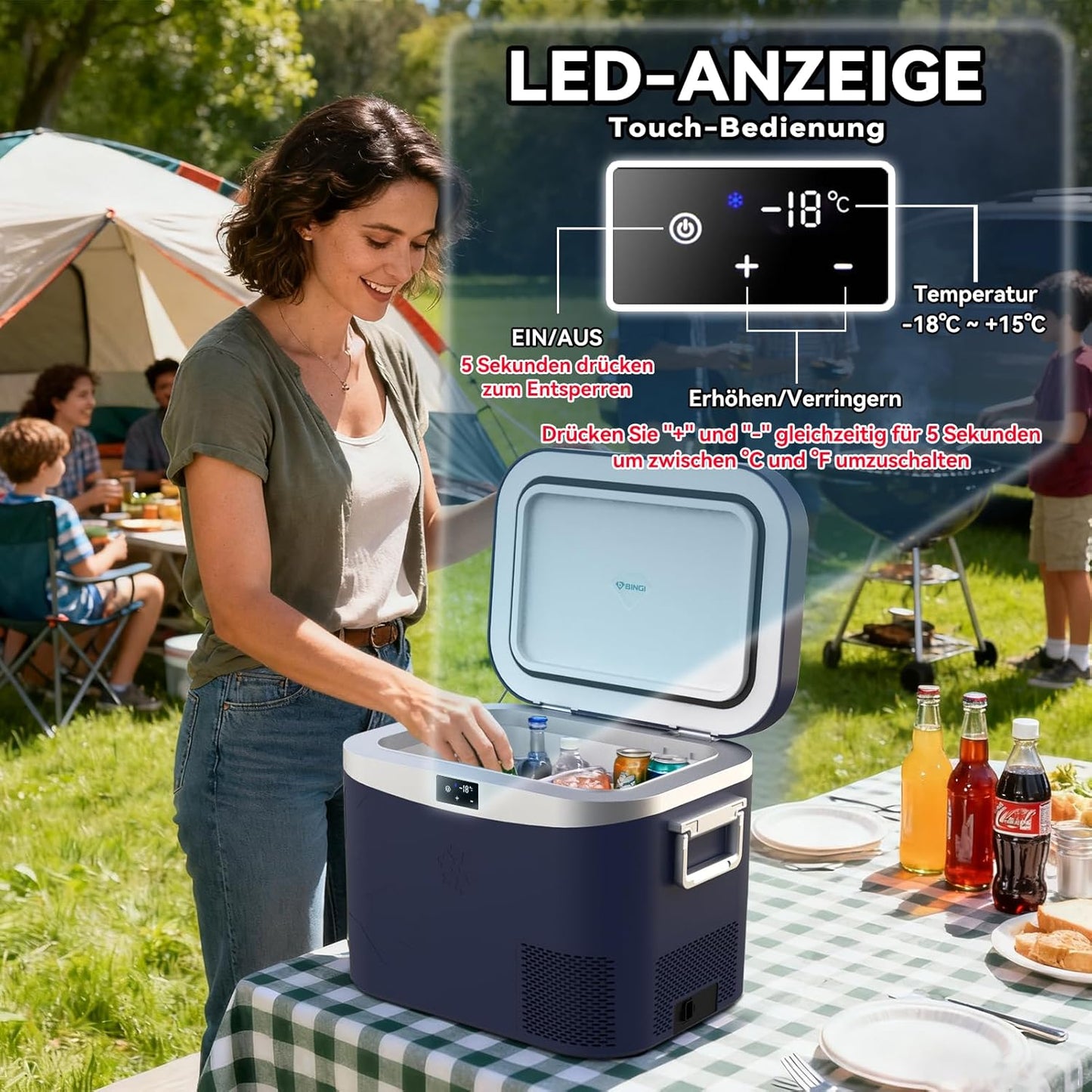 BINGI Compressor-koelbox, 18 l, mini-draagbare elektrische koelkast, 12/24 V DC, elektrische vriezer, draagbare vriezer voor auto, vrachtwagen, picknick, camping en thuisgebruik
