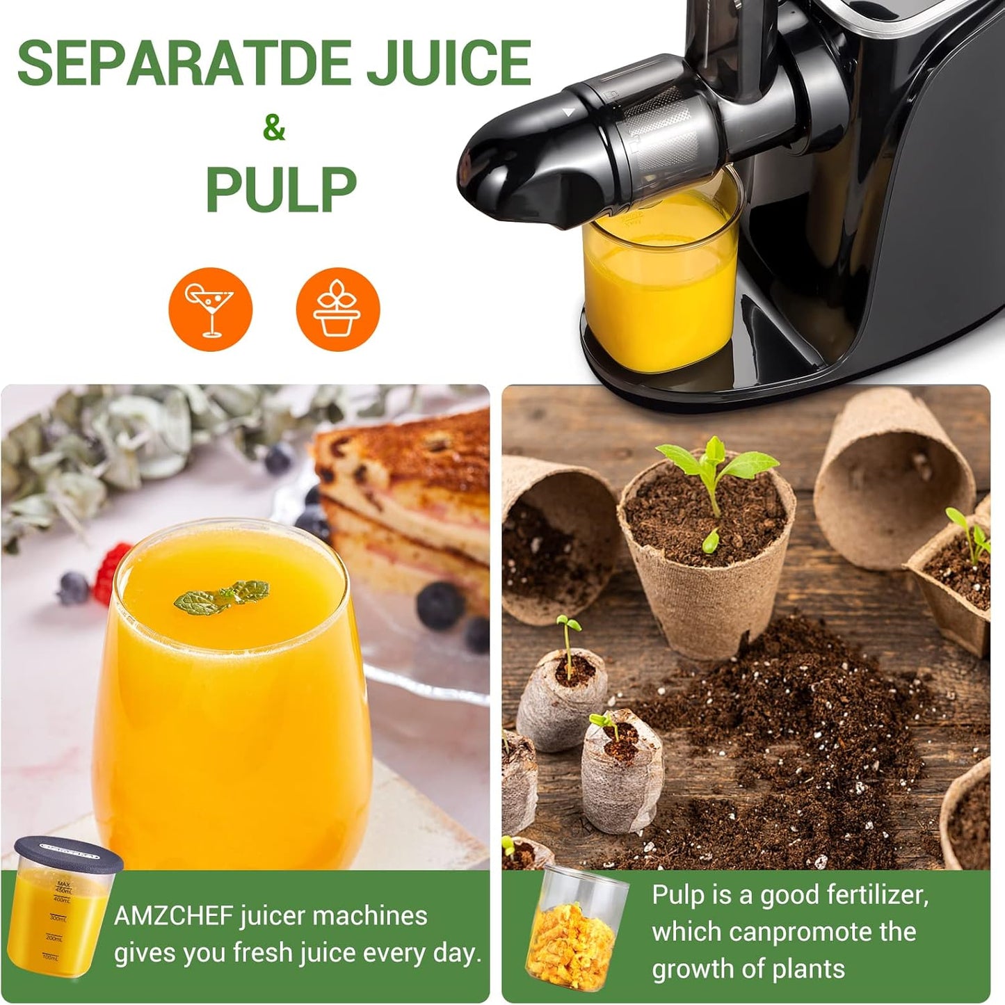 AMZCHEF Cold Press Slow Juicer met 2 snelheidsstanden （Zachte en harde stand）voor een breed scala aan fruit en groenten - Juicer wordt geleverd met een 500ml draagbare fles en twee kopjes - Zwart
