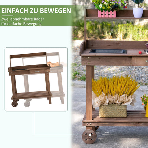Oppottafel - Tuinwerktafel - Plantentafel -Tuinwerkbankje - met Schuiflade - 2 Niveaus - Bloementafel - voor Tuin - Sparrenhout - 92 x 45 x 119 cm - Bruin