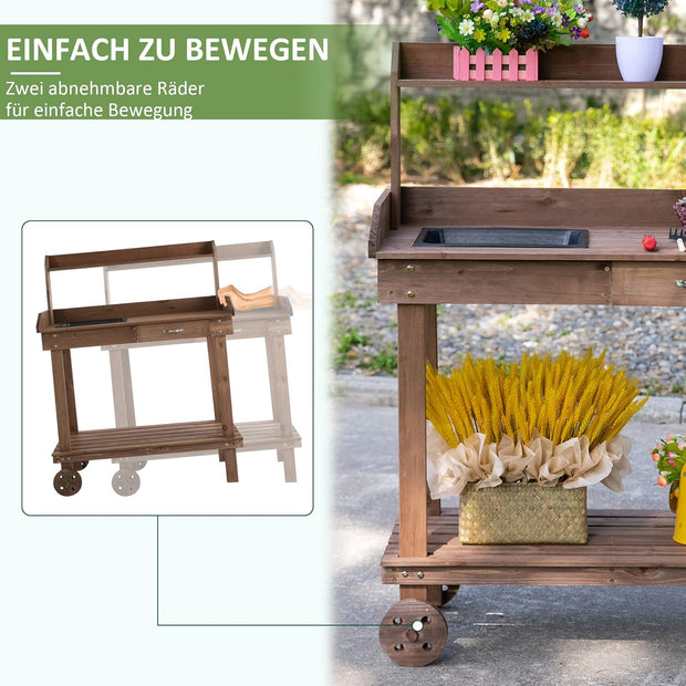Oppottafel - Tuinwerktafel - Plantentafel -Tuinwerkbankje - met Schuiflade - 2 Niveaus - Bloementafel - voor Tuin - Sparrenhout - 92 x 45 x 119 cm - Bruin
