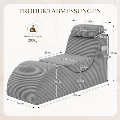 Relaxstoel – Vrijetijdsstoel – Fauteuil – Loungestoel – Leesstoel – Ergonomisch Gecomprimeerd Schuim – Afneembaar Kussen Met Zijvak – Corduroy Lichtgrijs 160x66x90 cm