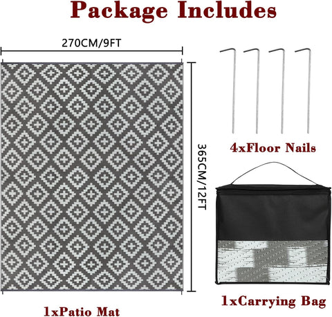 Buiten Vloerkleed - Buitenkleden - Buitentapijt - Opvouwbaar - UV-bestendig - Waterdicht - Buitenmatten - voor Buiten - Balkon - Strand - Picknick -Terras - Rechthoekig -  270 x 365 cm - Grijs