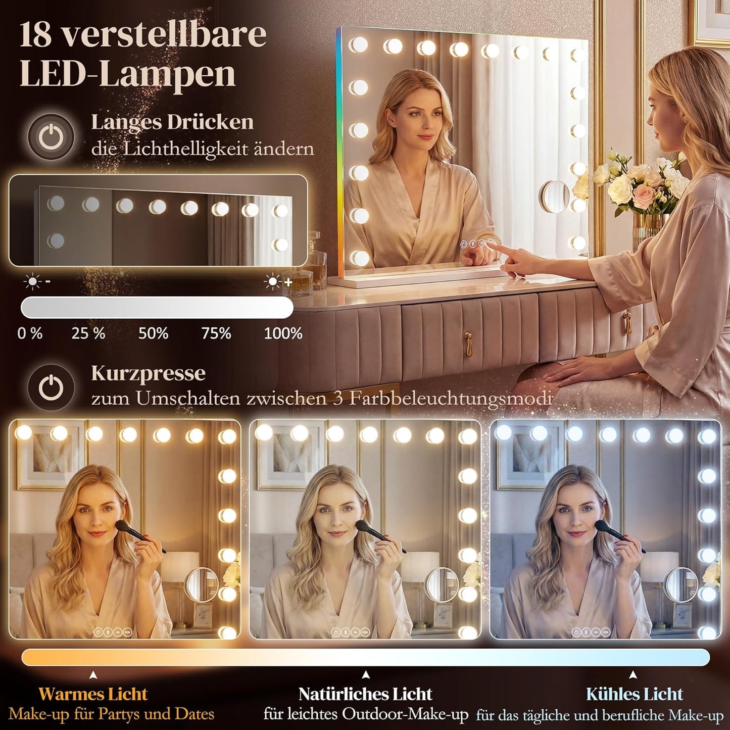 Make-up Spiegel – Hollywood Spiegel – Verlichte Spiegel – LED Spiegel – Make-up Vanity Spiegel – 80x60 cm – 18 Dimbare LED-Lampen – 10x Vergroting