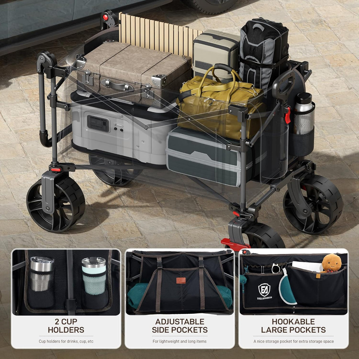EVER ADVANCED 225L festivalwagen op wielen met afneembare luifel, 150 kg zware campingwagen, push & pull strandkar met 3 grote zakken, tuinvouwwagen vissen