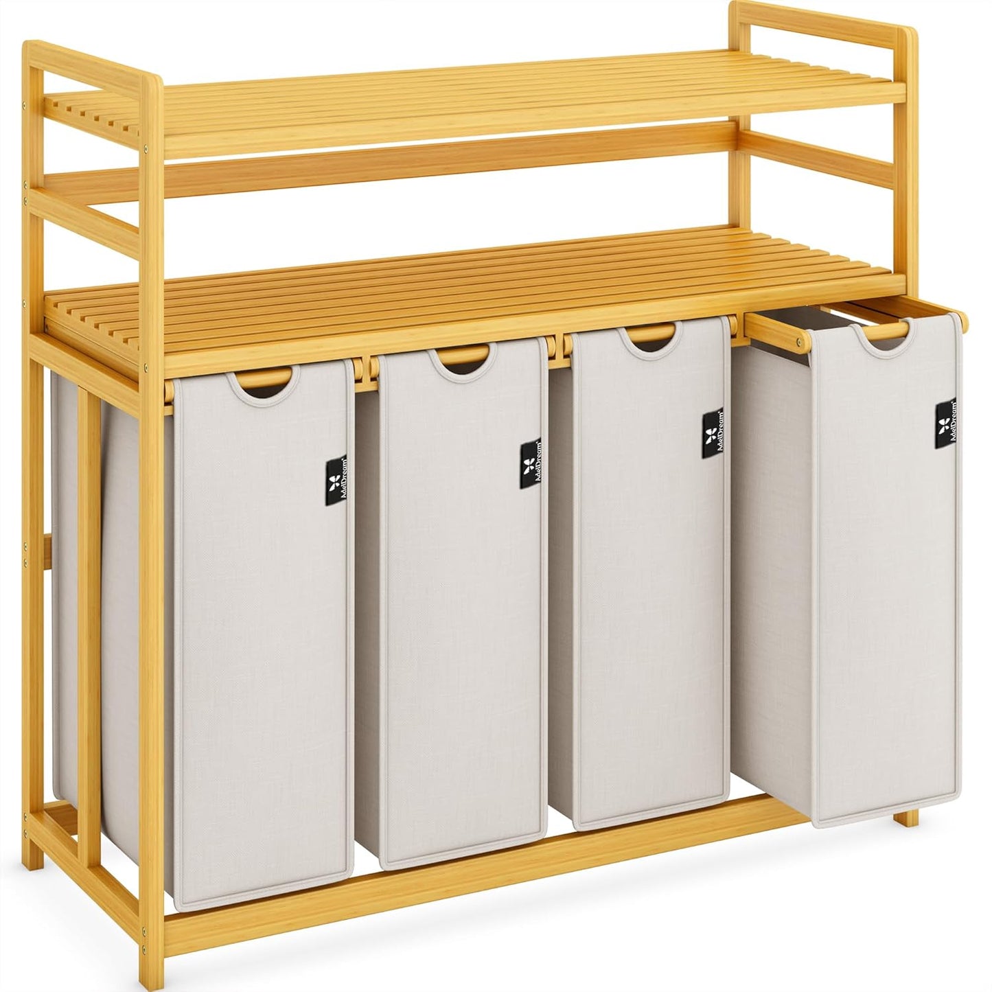 AdelDream Premium wasmand 200 liter, wassorteerder met 4 vakken en 2 planken, bamboe wasmand met uittrekbare en afneembare waszak, lichtgrijs