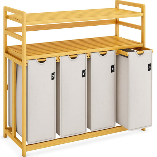 AdelDream Premium wasmand 200 liter, wassorteerder met 4 vakken en 2 planken, bamboe wasmand met uittrekbare en afneembare waszak, lichtgrijs