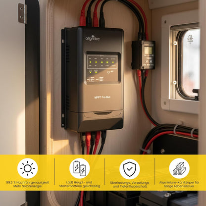 Offgridtec® MPPT Pro Duo laadregelaar 30A 12V 24V voor twee batterijcircuits. App beschikbaar voor Android.