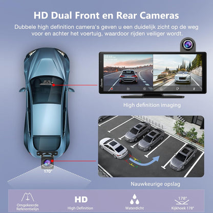 Draadloze CarPlay Android Auto – Auto Infotainmentsysteem – Touchscreen Navigatie – Handsfree Spraakbediening – Dashcam Systeem – 10,26 Inch HD IPS Scherm – 4K Voorcamera + 1080P Achtercamera