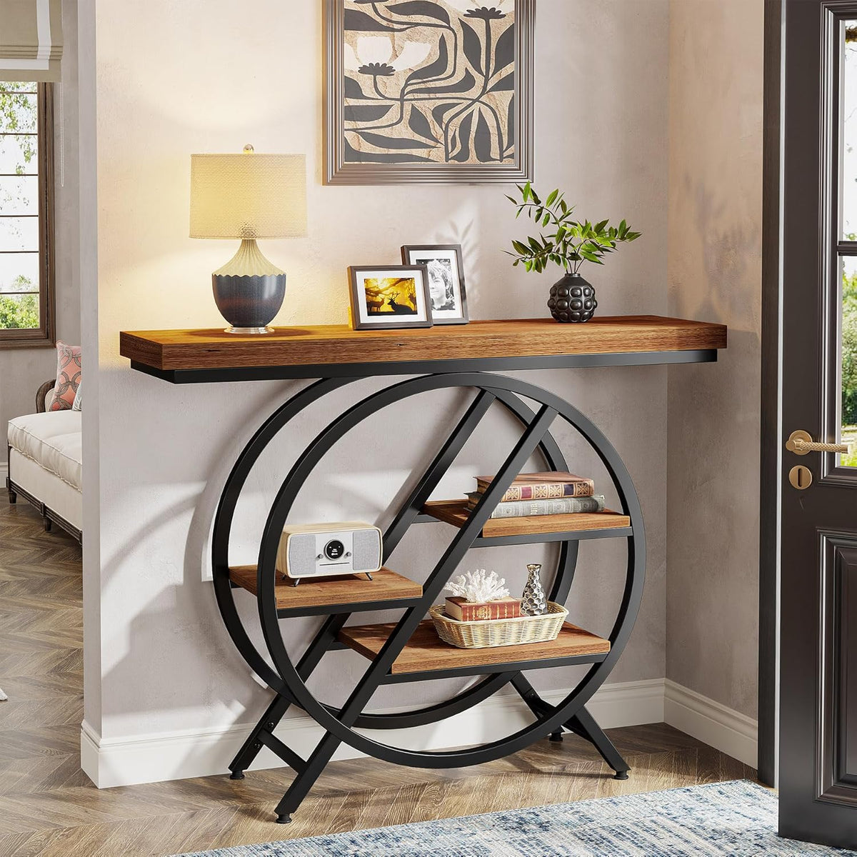 Tribesigns Console Table, 100cm Entrance Table with Thickened Tabletop, 4 Tier Industrial Narrow Hallway Sofa Table with Geometric Metal Frame for Living Room, Entrance (Light Brown)