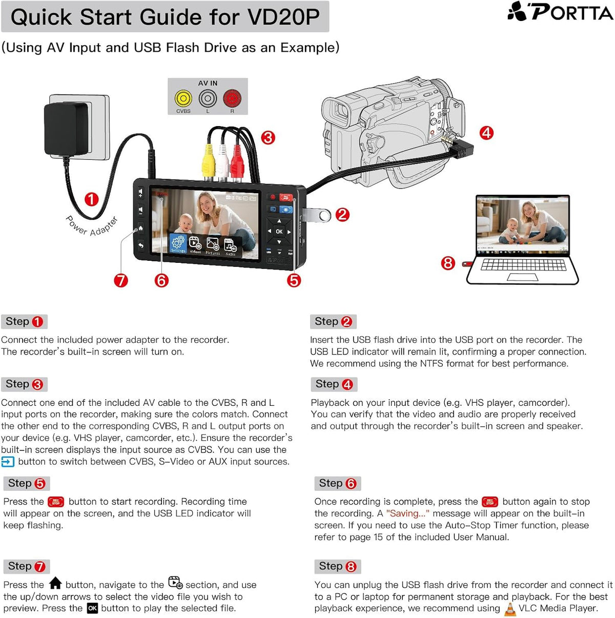 Portta VD20P VHS naar Digital Converter met 5" HD Screen, Video Capture Recorder Convert to MP4 Compatibel met VHS, VCR, DVR, DVD, Hi8, Mini DV, Camcorders, (cassettespeler niet inbegrepen)