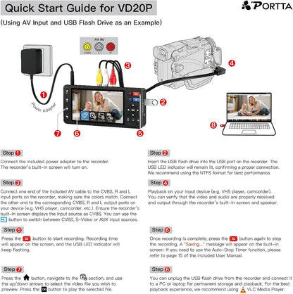 Portta VD20P VHS naar Digital Converter met 5" HD Screen, Video Capture Recorder Convert to MP4 Compatibel met VHS, VCR, DVR, DVD, Hi8, Mini DV, Camcorders, (cassettespeler niet inbegrepen)