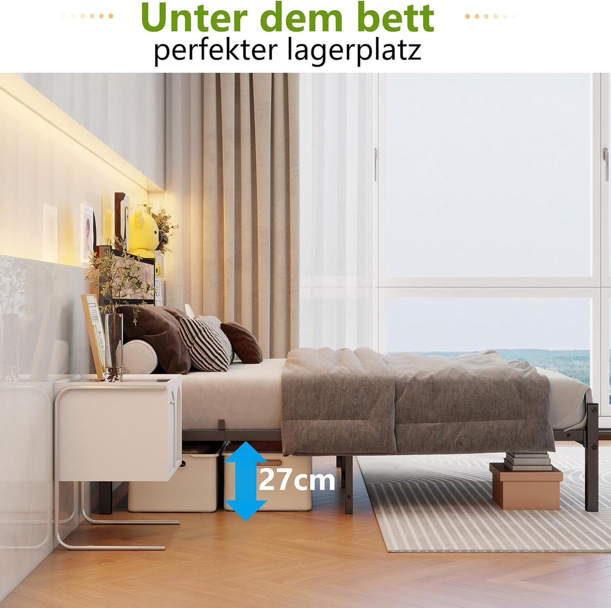 Bed 120x200, Bed frame Kinderbed 120x200 met lattenbodem van metaal, Bedframe met houten hoofdeinde en opbergruimte eronder, Gastenbed Tweepersoonsbed, Robuust en Stabiel Bed Frame, Bruin