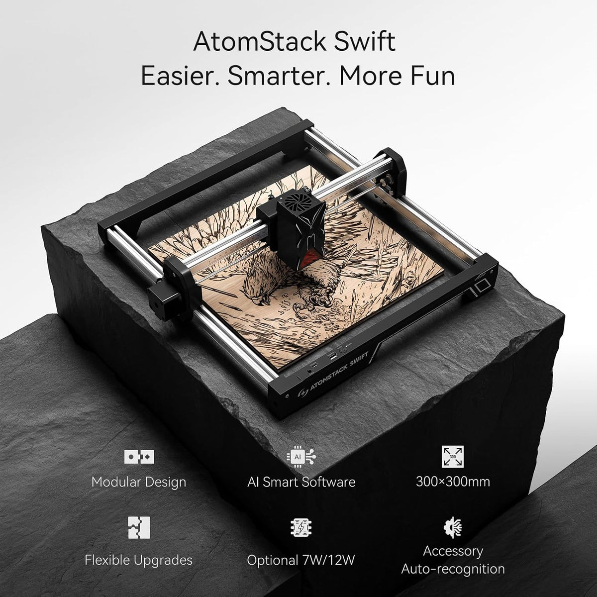 ATOMSTACK 12 W Laser Engraving Machine Swift 12 W Series Laser Cutter 0.01 mm Engraving Area 300 × 300 mm High-Precision Laser Cutter for Wood and Metal, Dark Acrylic Robust Software Support