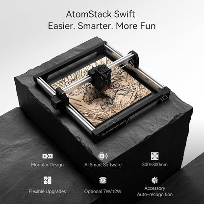 ATOMSTACK 12 W Laser Engraving Machine Swift 12 W Series Laser Cutter 0.01 mm Engraving Area 300 × 300 mm High-Precision Laser Cutter for Wood and Metal, Dark Acrylic Robust Software Support