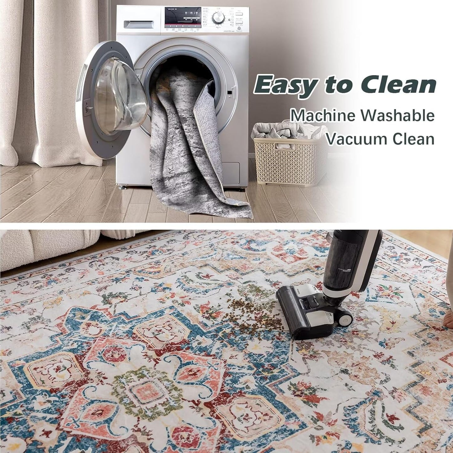 CHOSHOME Tapijten voor de woonkamer en slaapkamer, groot wasbaar laagpolig tapijt, modern vintage klassieke stijlen, antislip boho-stijl, machinewasbaar wol, beige