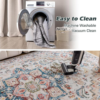 CHOSHOME Tapijten voor de woonkamer en slaapkamer, groot wasbaar laagpolig tapijt, modern vintage klassieke stijlen, antislip boho-stijl, machinewasbaar wol, beige