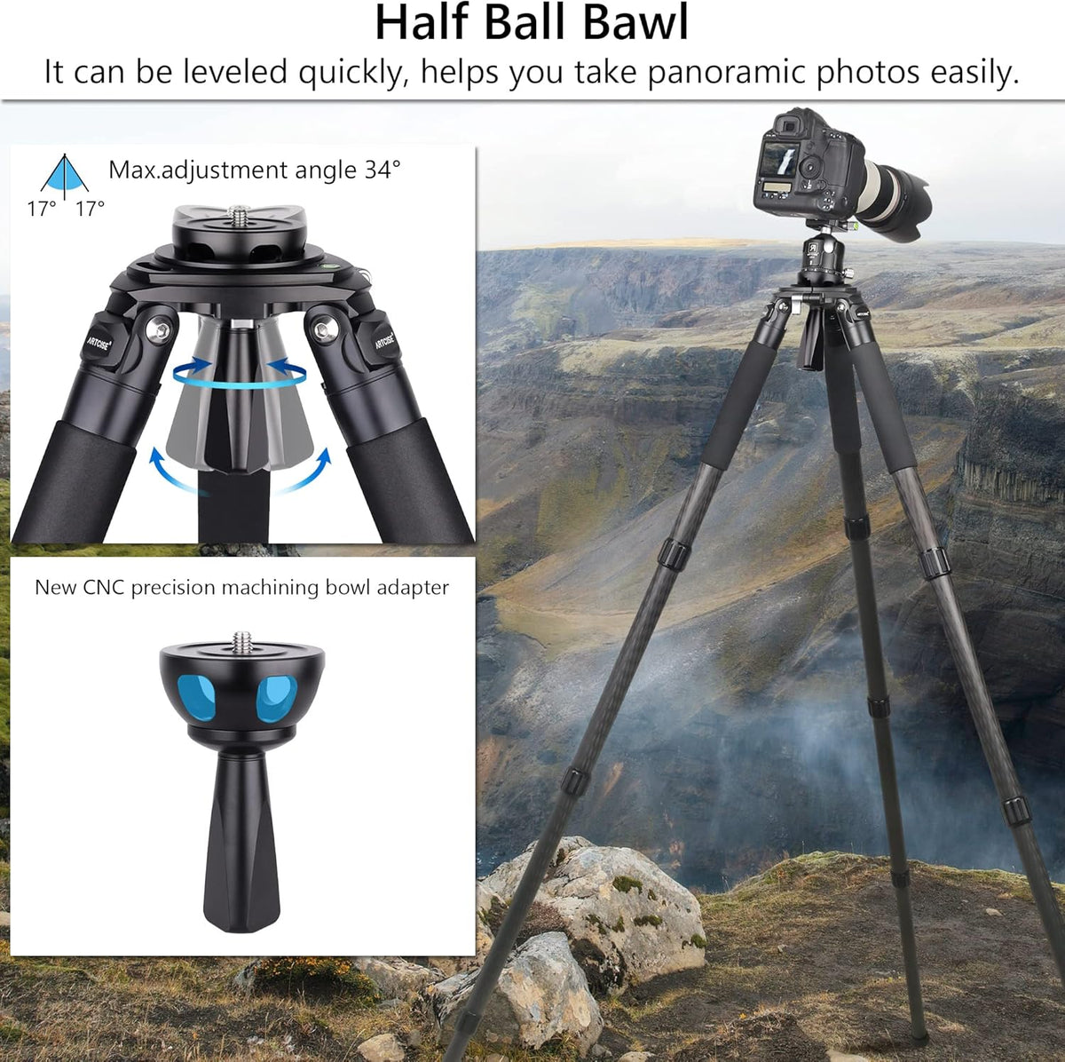 Heavy Duty Bowl statief, 10-laags koolstofvezel statief, ARTCISE AS90C Ultra Stabiel Camera statief met 75mm kom en adapter, 40mm been buis, max belasting 88lbs/40kg