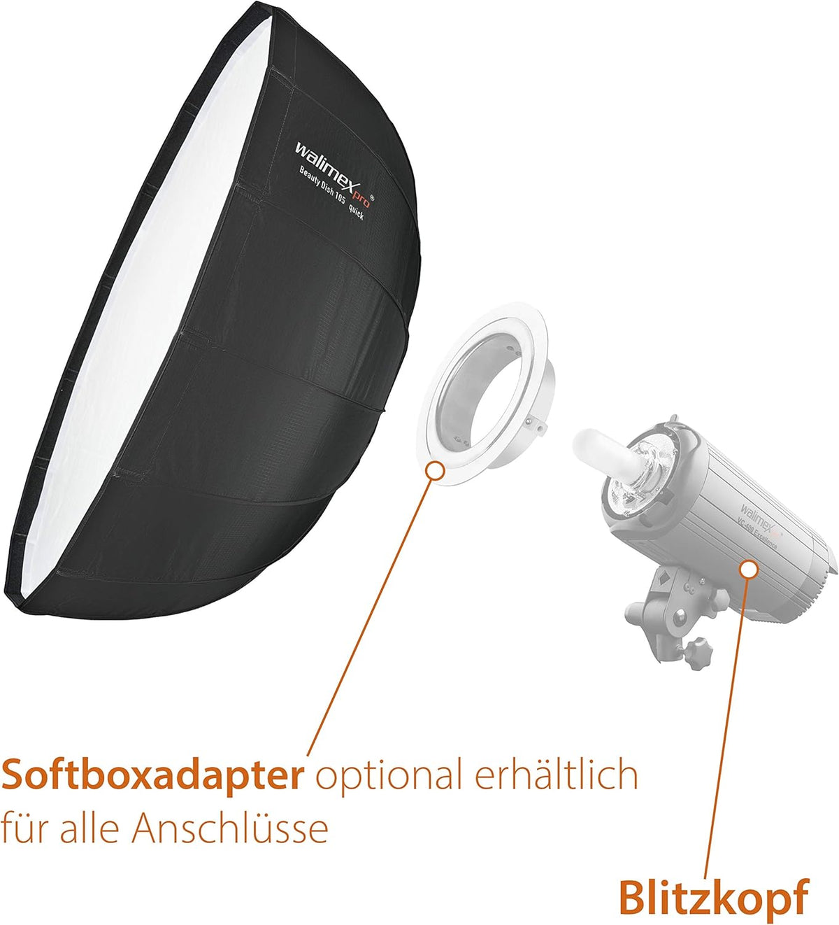 Walimex pro Studio Line Beauty Dish Softbox QA105 – Beauty Dish lichtvormer, 105 cm Ø, 46 cm diep, opvouwbaar, met rooster, binnen- en buitendiffuser, voor Speedlite opsteekflits, studioflits, 22456