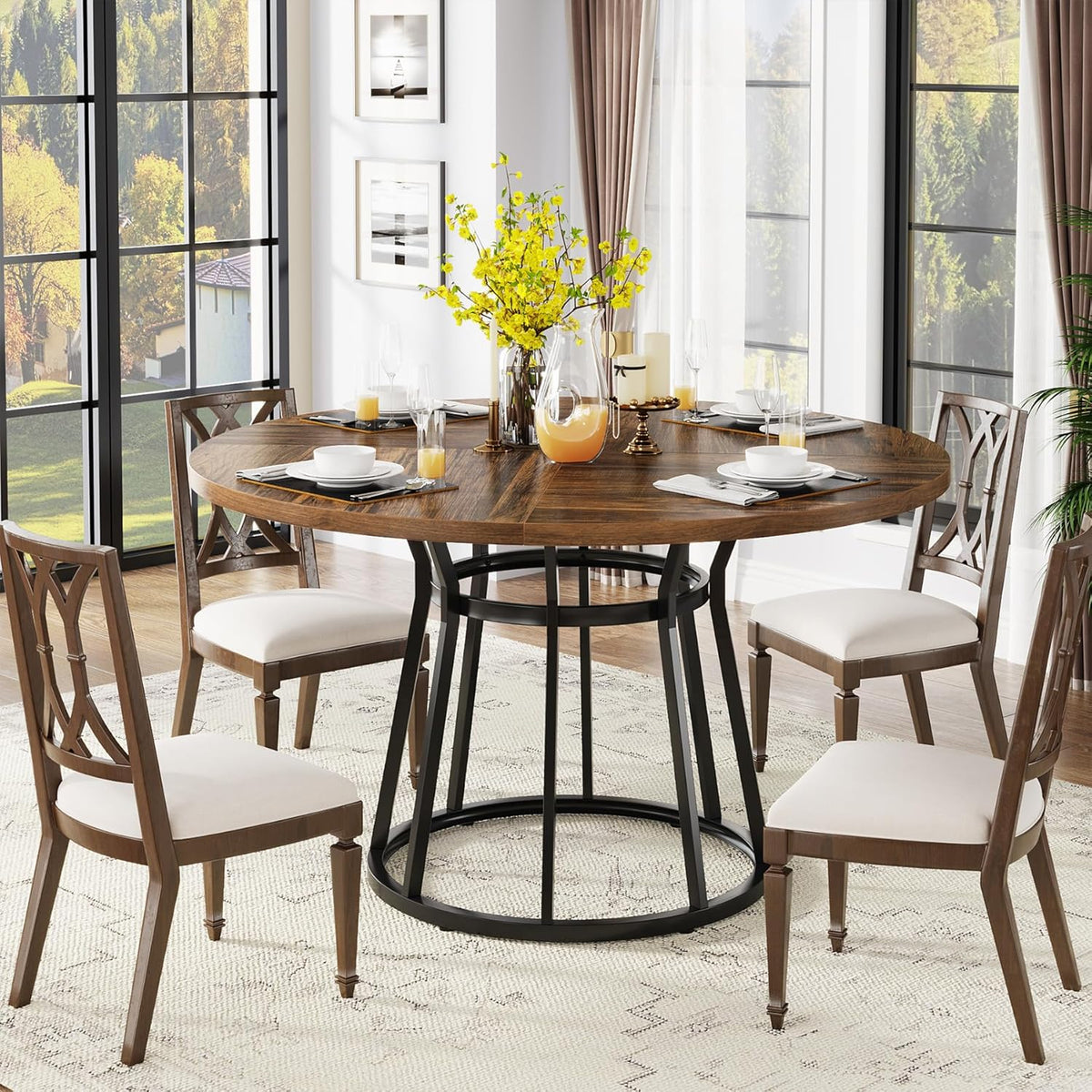 Tribesigns Round Dining Table for 4 People, Circle Dining Table with Metal Base, 120cm Round Kitchen Dining Table for Living Room Kitchen Dinning (Brown)