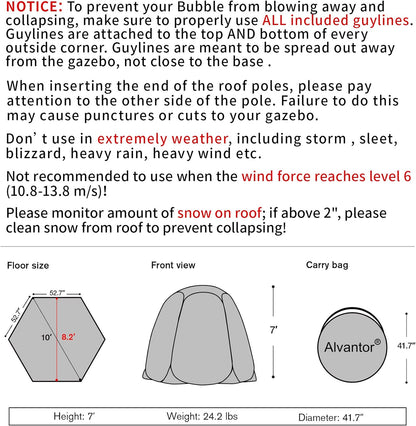 Alvantor Winterscherm Huiskamer Campingtent Luifel Tuinhuisjes 4-6 personen voor terrassen, grote extra grote weerpod, premium kas instant pop-up tent, sneeuw- en regenbescherming (10'x10')